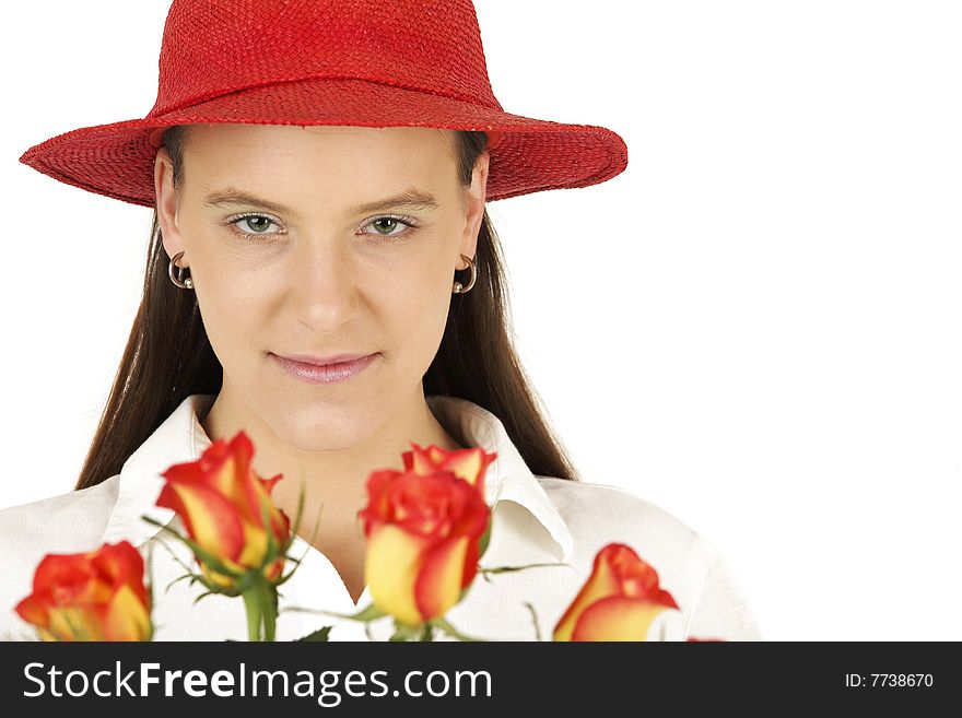 Valentine's girl with roses isolated on white background. Valentine's girl with roses isolated on white background