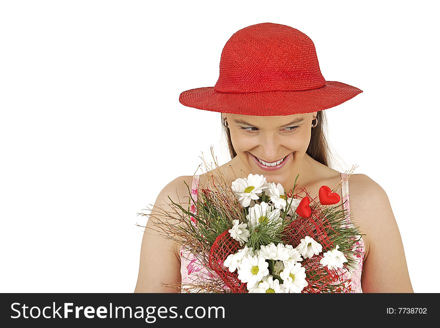 Young girl holds flowers isolated in white background. Young girl holds flowers isolated in white background