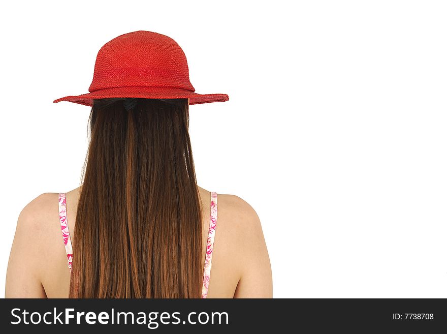 Brunette in red hat rear view isolated with copy space