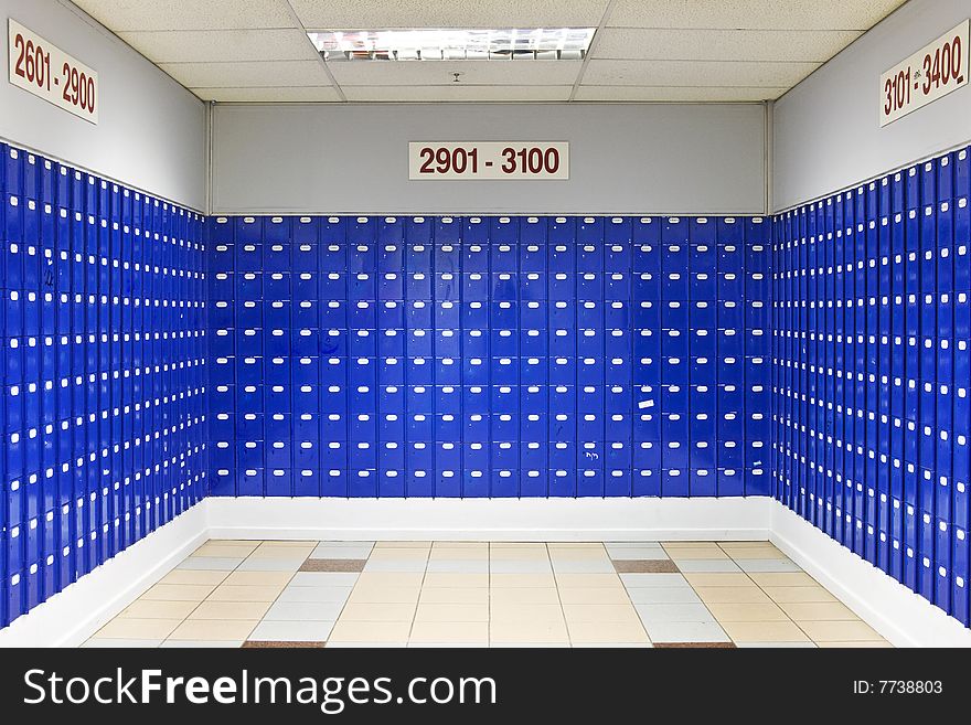 Room of blue Post Office boxes