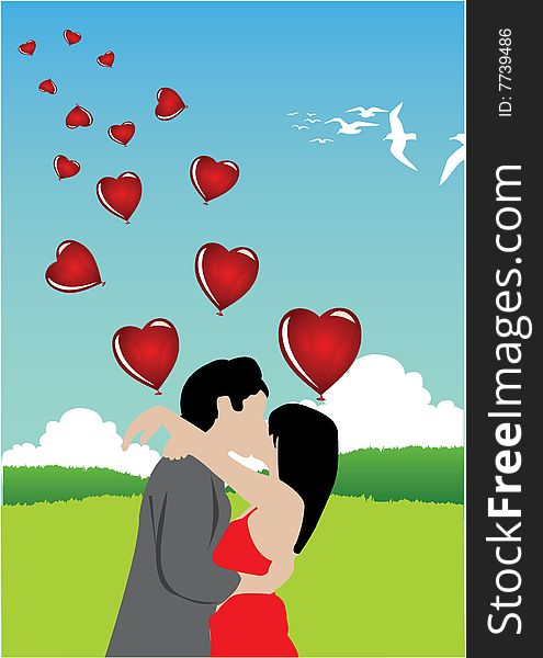 Vector illustration of couple people kiss and fly birds. Vector illustration of couple people kiss and fly birds