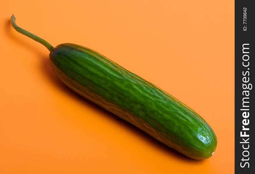 Green cucumber on orange background