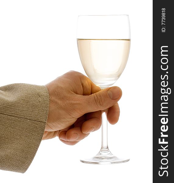 Wine and hand on white background