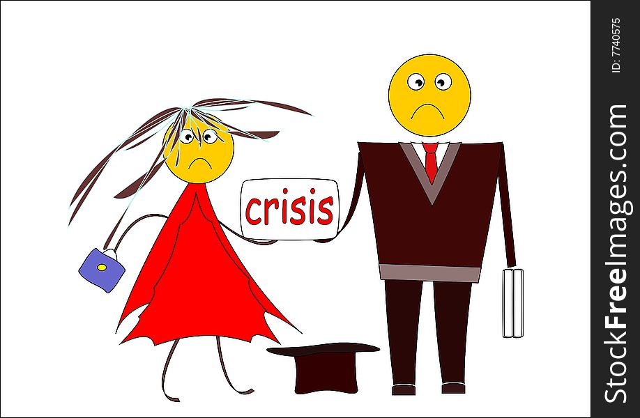 The confused man and woman beg alms with a placard. Cartoon image. The confused man and woman beg alms with a placard. Cartoon image.