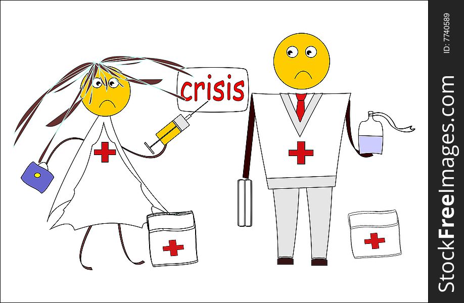 Medicine and crisis. Medical workers sue for a help. Cartoon image.