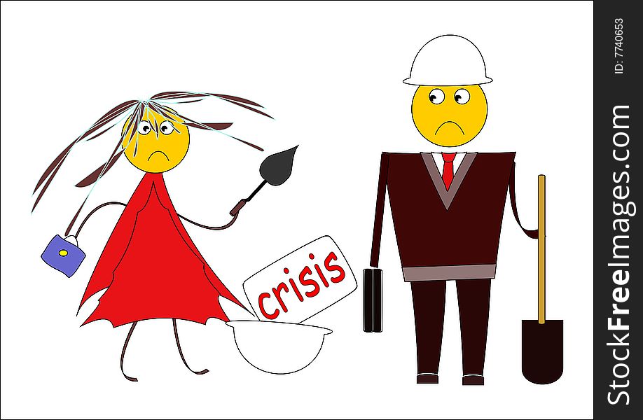 Builders out of employment. Man and woman with build instruments. Cartoon image. Builders out of employment. Man and woman with build instruments. Cartoon image.