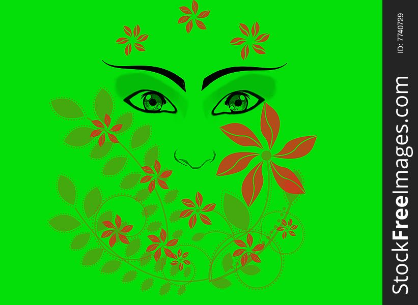 Face and flowers on gereen background. Face and flowers on gereen background