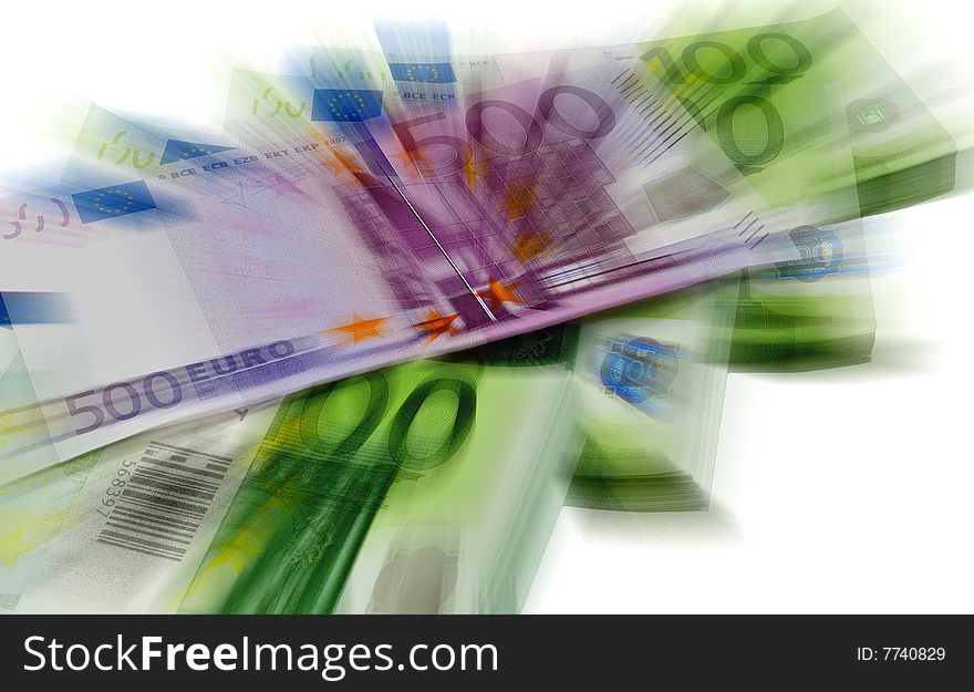 Euro banknotes blurred on white background