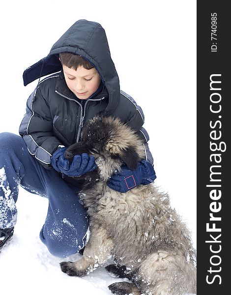 Boy in Snow Playing with Dog. Boy in Snow Playing with Dog