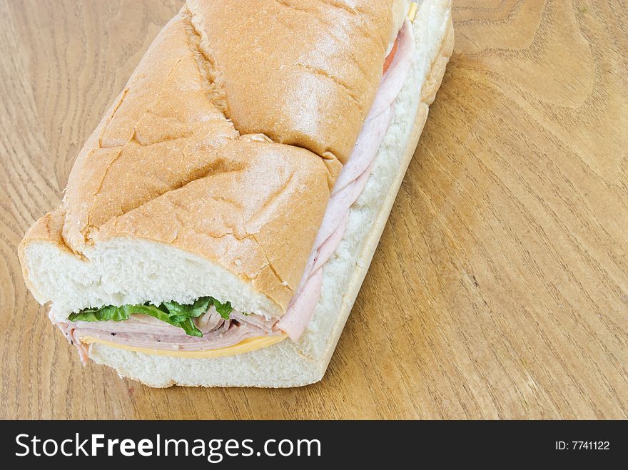 Hoagie sandwich on a wooden table