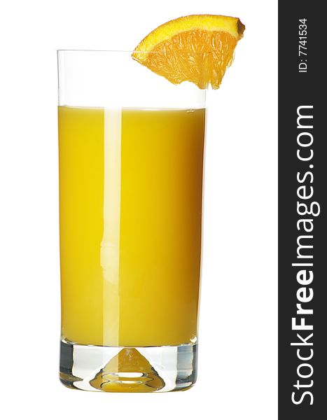 Orange juice with piece of orange on white background