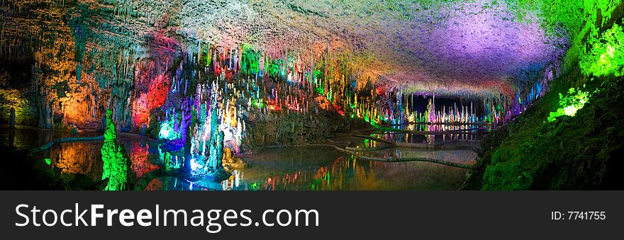 Stalactites in cave with beautiful color.