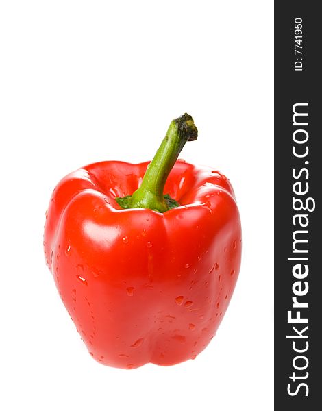 Single red bell pepper on white background