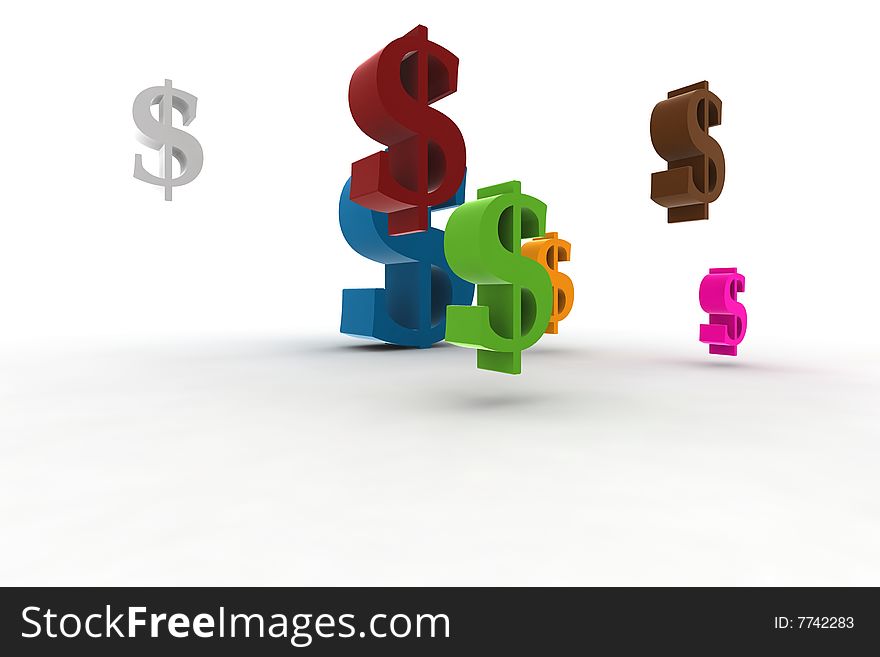 Dollar symbols in the air - 3d illustration isolated on white background