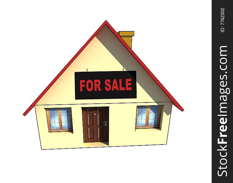 New house with for sale sign - 3d render isolated illustration on white. New house with for sale sign - 3d render isolated illustration on white