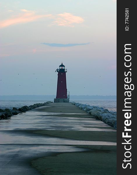 Manistqiue Pier Light on Lake Michigan in Michigan.