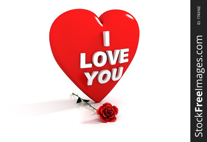 Perfect for Valentines Day - 3D render of red heart and a red rose with the words I Love You on it. Perfect for Valentines Day - 3D render of red heart and a red rose with the words I Love You on it