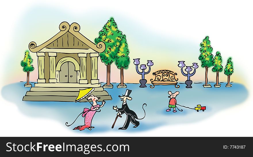 A cartoon of funny mice near the theatre. A cartoon of funny mice near the theatre