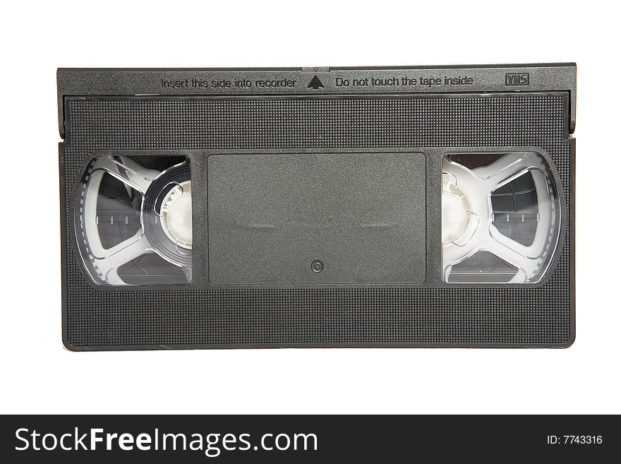 Black VHS video cassette on white background