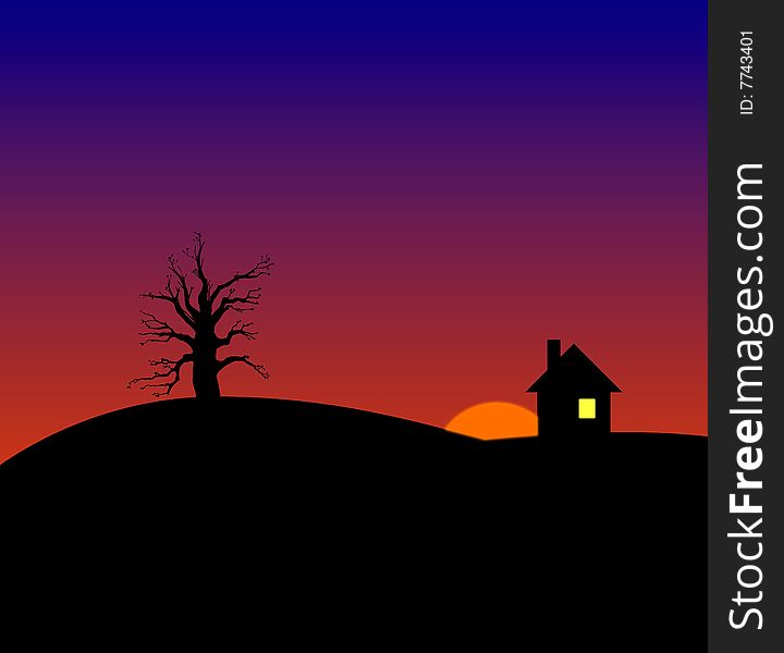 Illustration of a house and tree on sunset horizon. Illustration of a house and tree on sunset horizon.