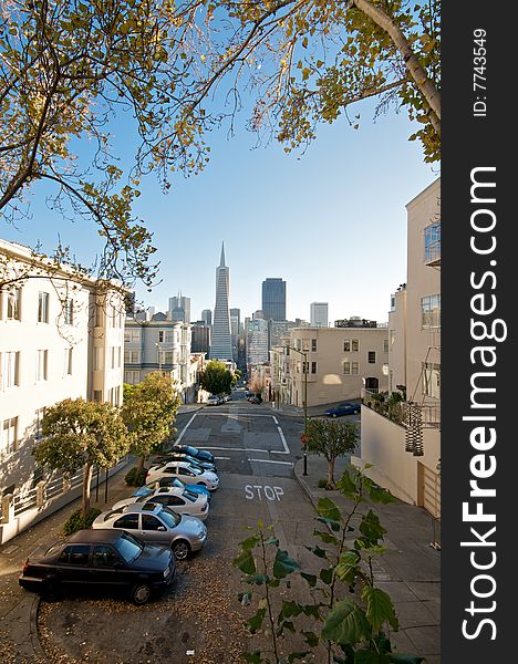 Telegraph Hill Neighborhood in San Francisco. View towards downtown San Francisco and the Transamerica Pyramid. Telegraph Hill Neighborhood in San Francisco. View towards downtown San Francisco and the Transamerica Pyramid.