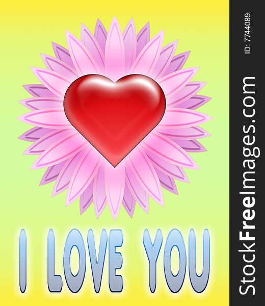 Heart with flower on soft background with written i love you. Heart with flower on soft background with written i love you