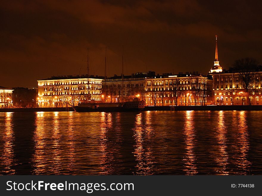 Night View of Neva River in Saint-Petersburg, Russia
