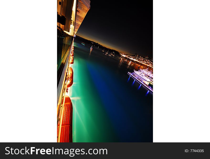 Colorful night scene of a port and rescue vessels. Colorful night scene of a port and rescue vessels