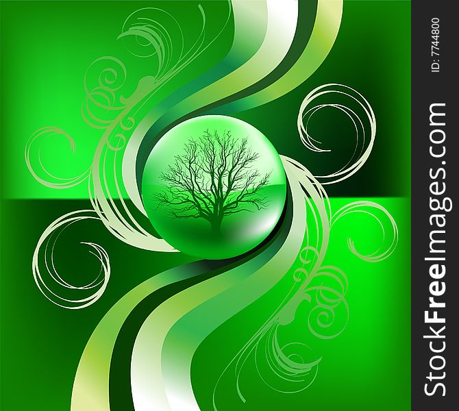 Green tree in sphere with specular and floral elements around. Green tree in sphere with specular and floral elements around