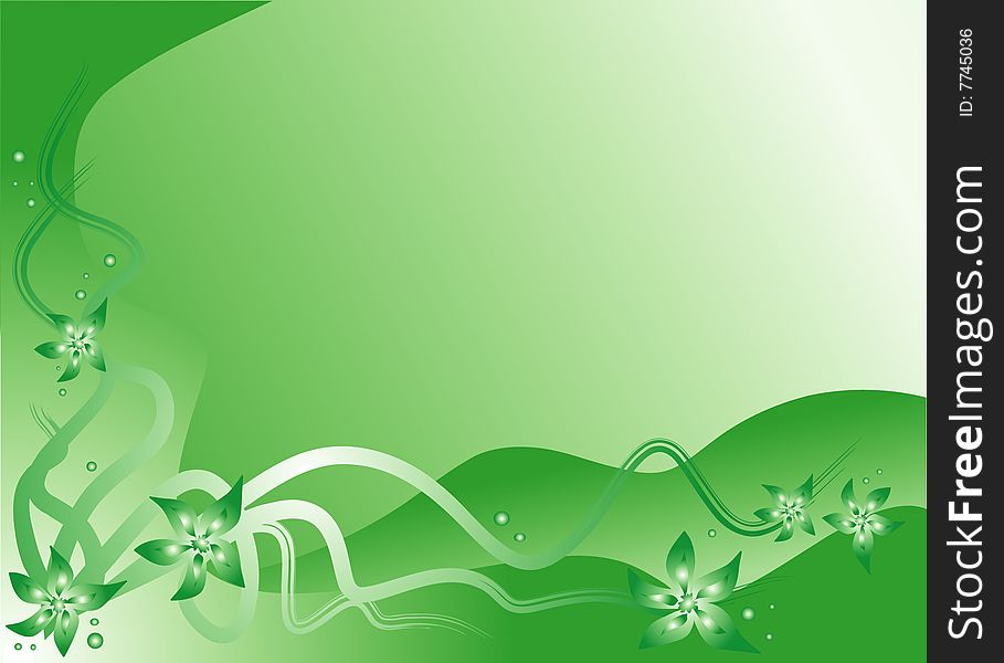 Green vector background with flowers and curls. Green vector background with flowers and curls