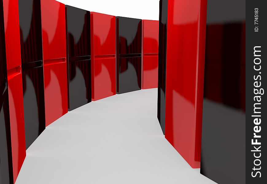 An isolated black and red domino blocks chain white background.