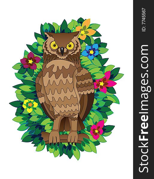 Owl in leaves. Vector illustration.