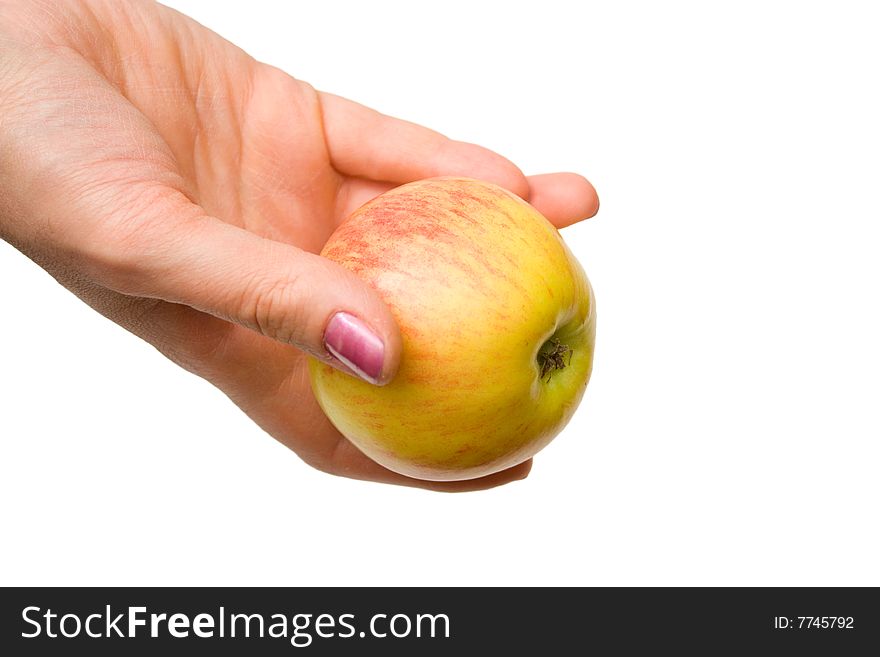 Apple in hand.