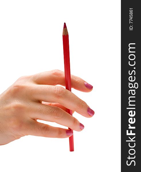 Woman hand holding pencil isolated on white. Woman hand holding pencil isolated on white.