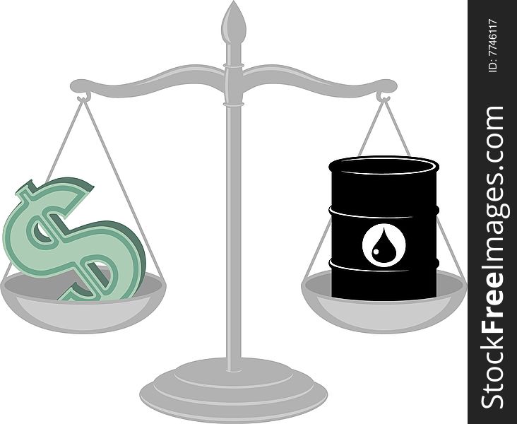 Oil and dollar on scales. Oil and dollar on scales