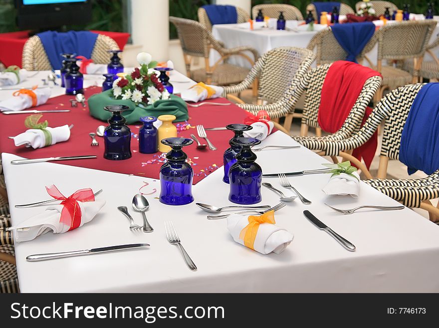 Restaurant table setup at banquet dinner