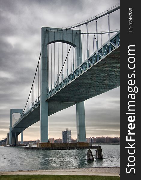 Wide angle view of New York City's Throggs Neck Bridge. Wide angle view of New York City's Throggs Neck Bridge.