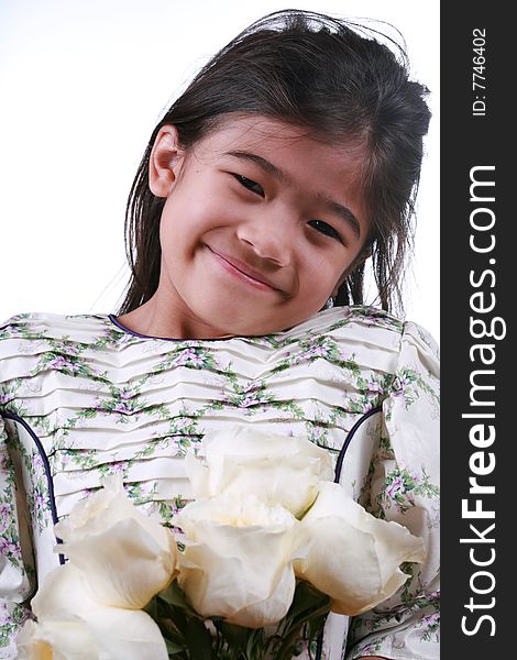 Asian Child Holding White Roses