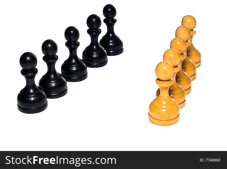 Chess figures bishops, concept of competition. Chess figures bishops. Isolated on a white background. Studio work.