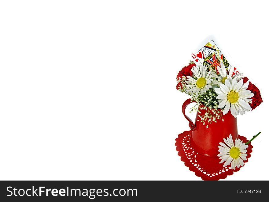 Valentine bouquet with a daisies, carnations and queen of heart in red pitcher. Valentine bouquet with a daisies, carnations and queen of heart in red pitcher.