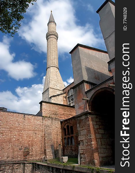 Minaret At Hagia Sofia In Istanbul