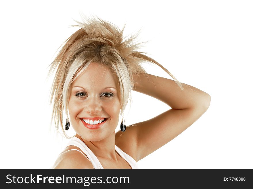 Smiling blonde woman with great white teeth
