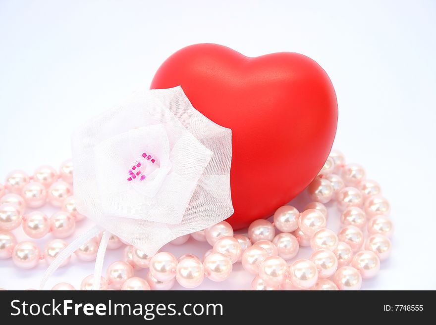 Red valentine heart,white ribbon,pink pearls.