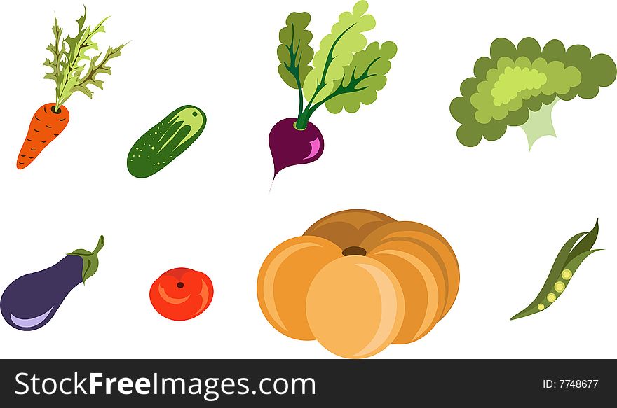 Vector illustration cute vegetable icons, with 8 differents vegetables (carrot, cucumber, beet, broccoli,aubergine, tomato, pumkin, beans). All objects on separated layers. Vector illustration cute vegetable icons, with 8 differents vegetables (carrot, cucumber, beet, broccoli,aubergine, tomato, pumkin, beans). All objects on separated layers.