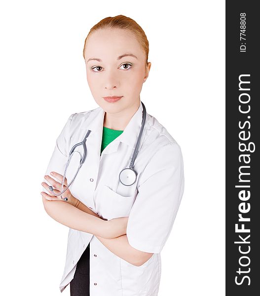 Young female doctor with stethoscope - white background