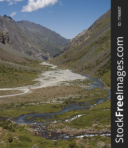 The valley of a mountain river. The valley of a mountain river.