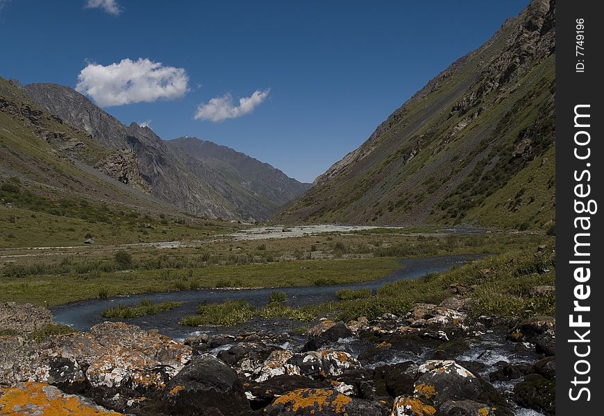 The valley of a mountain river. The valley of a mountain river.