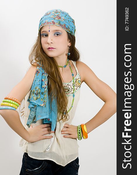 Fashion girl showing jewellery bracelets, scarf and necklace. Fashion girl showing jewellery bracelets, scarf and necklace