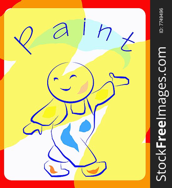 A white tag with a little boy introducing paint with colours on his clothes and all around with a red frame. Digital Drawing. Coloured Picture