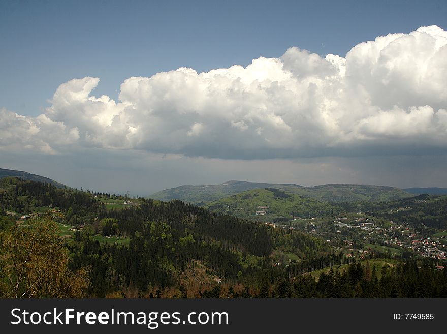 Clouds above mountain, Beskid in Poland